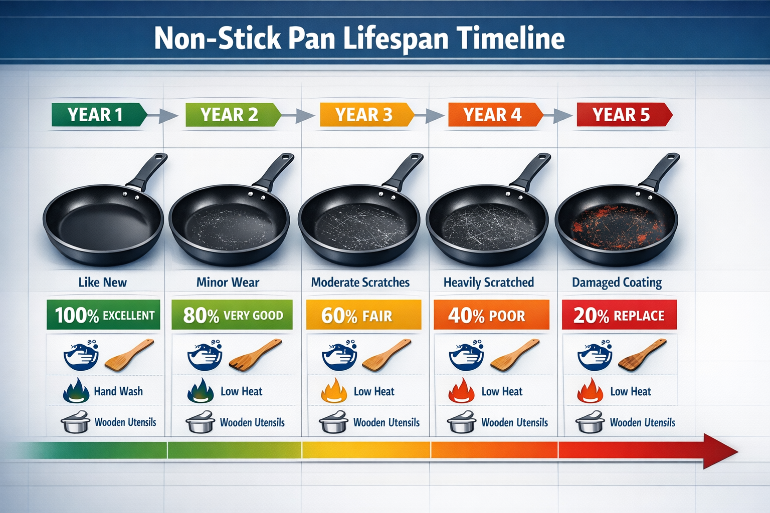 detailed infographic showing non-stick pan lifespan timeline from year 1 to year 5, with illustrated pan conditions at certain stages over the years