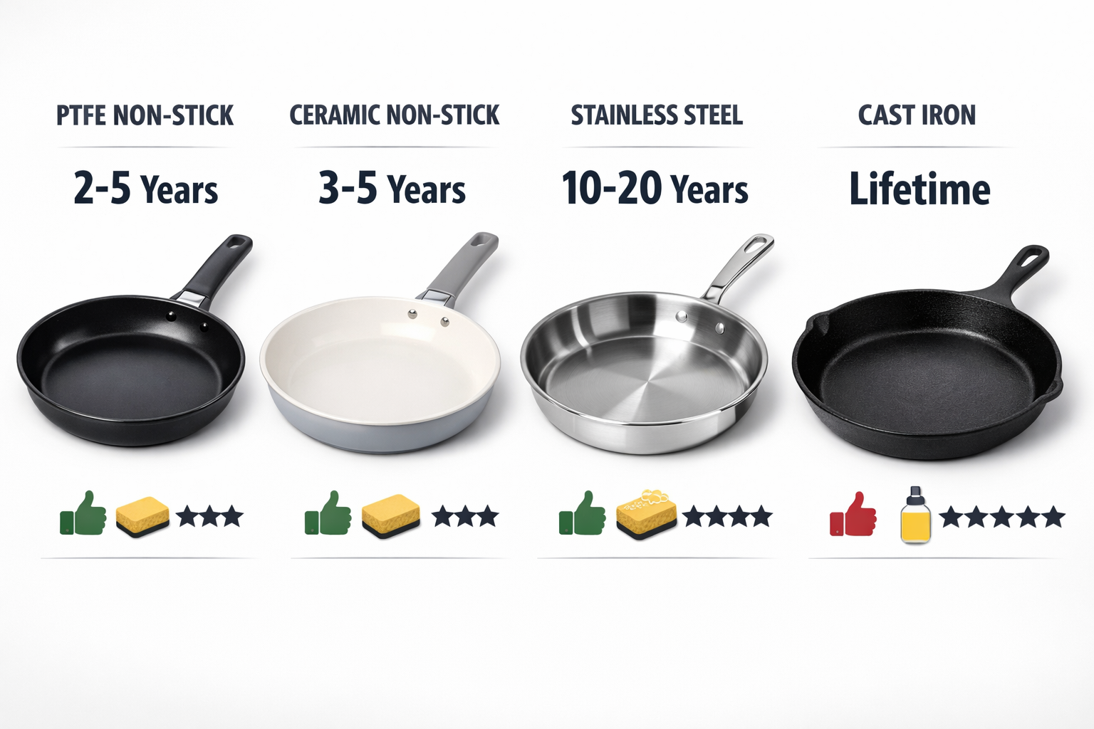 () split-screen comparison image showing four different cookware types side by side: traditional PTFE non-stick pan, ceramic