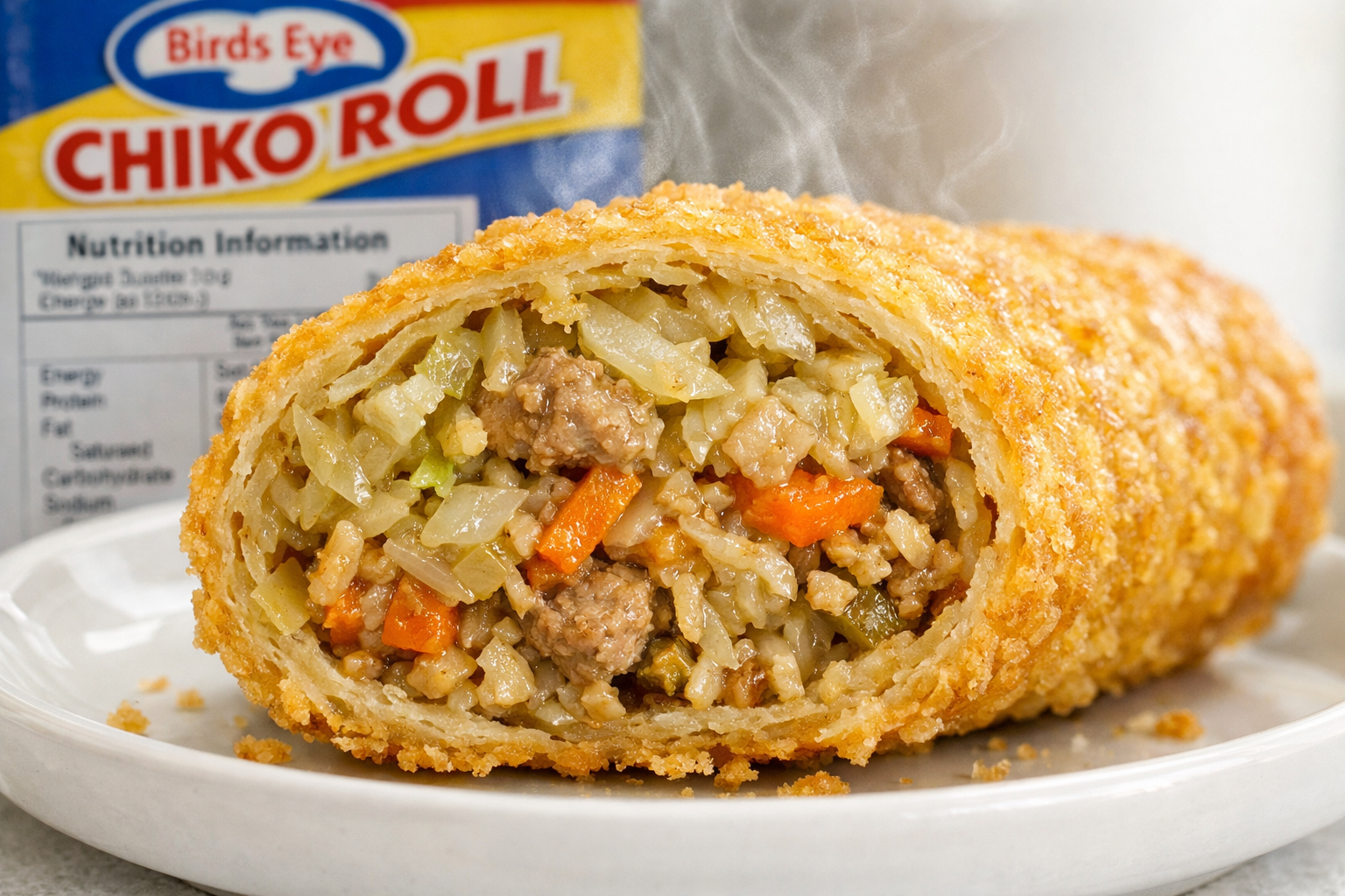 Detailed close-up photograph (1536x1024) of Birds Eye Chiko Roll cross-section revealing internal filling layers, cabbage shreds, meat piece