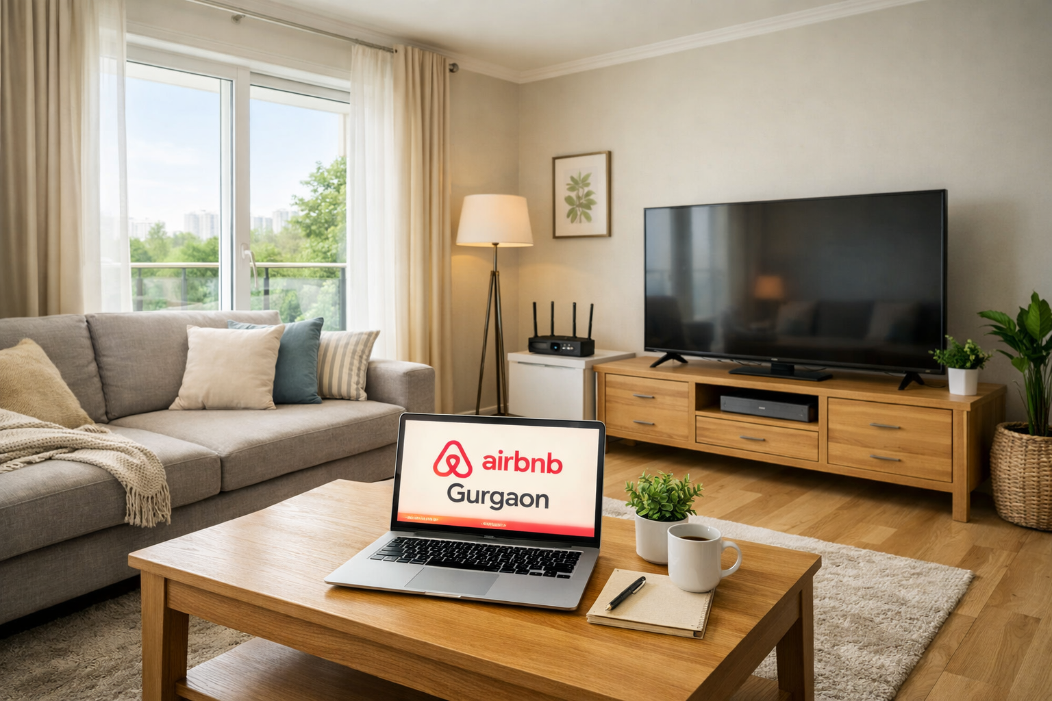 () image featuring a comfortable, a welcoming sofa, a large flat-screen TV, and subtle touches of home decor. Emphasize full