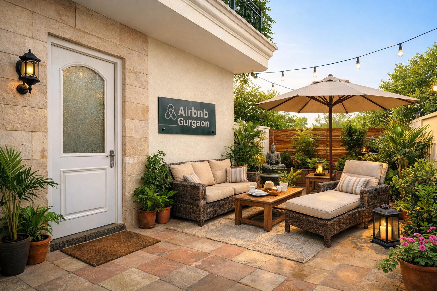 () image illustrating the exterior and amenities of a hidden gem Airbnb near hospitals. Show a private entrance leading to a