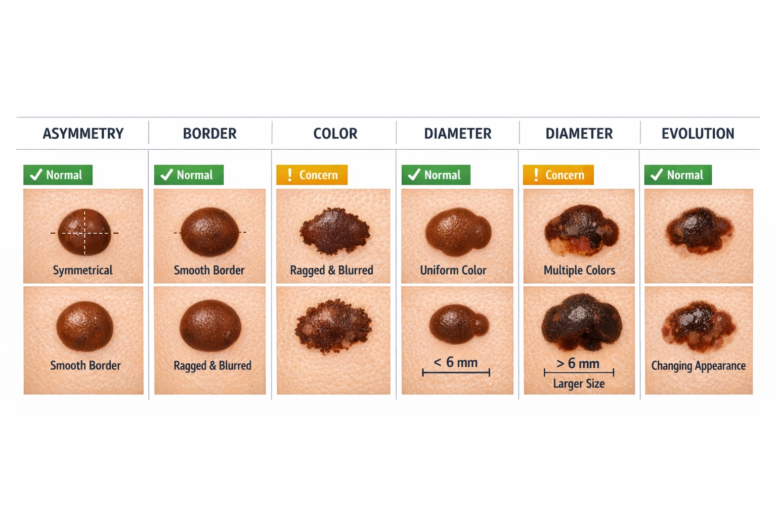 () detailed medical illustration-style infographic showing the ABCDE rule for mole evaluation — five side-by-side skin