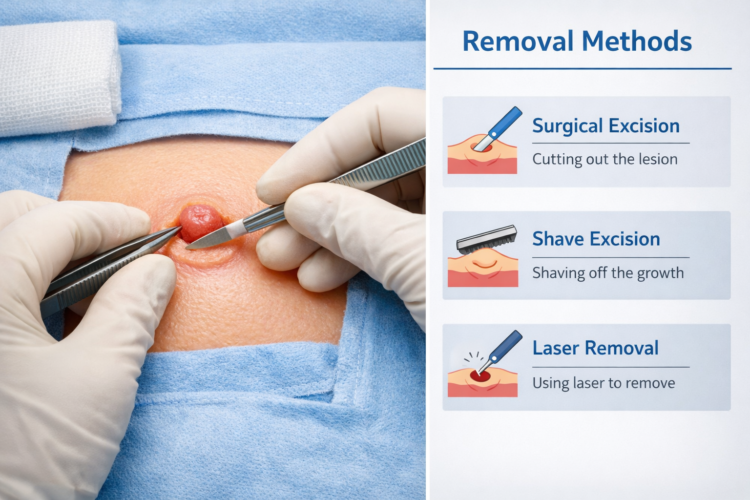 () showing a split-scene comparison: on the left, a close-up overhead view of a surgeon's gloved hands performing a precise