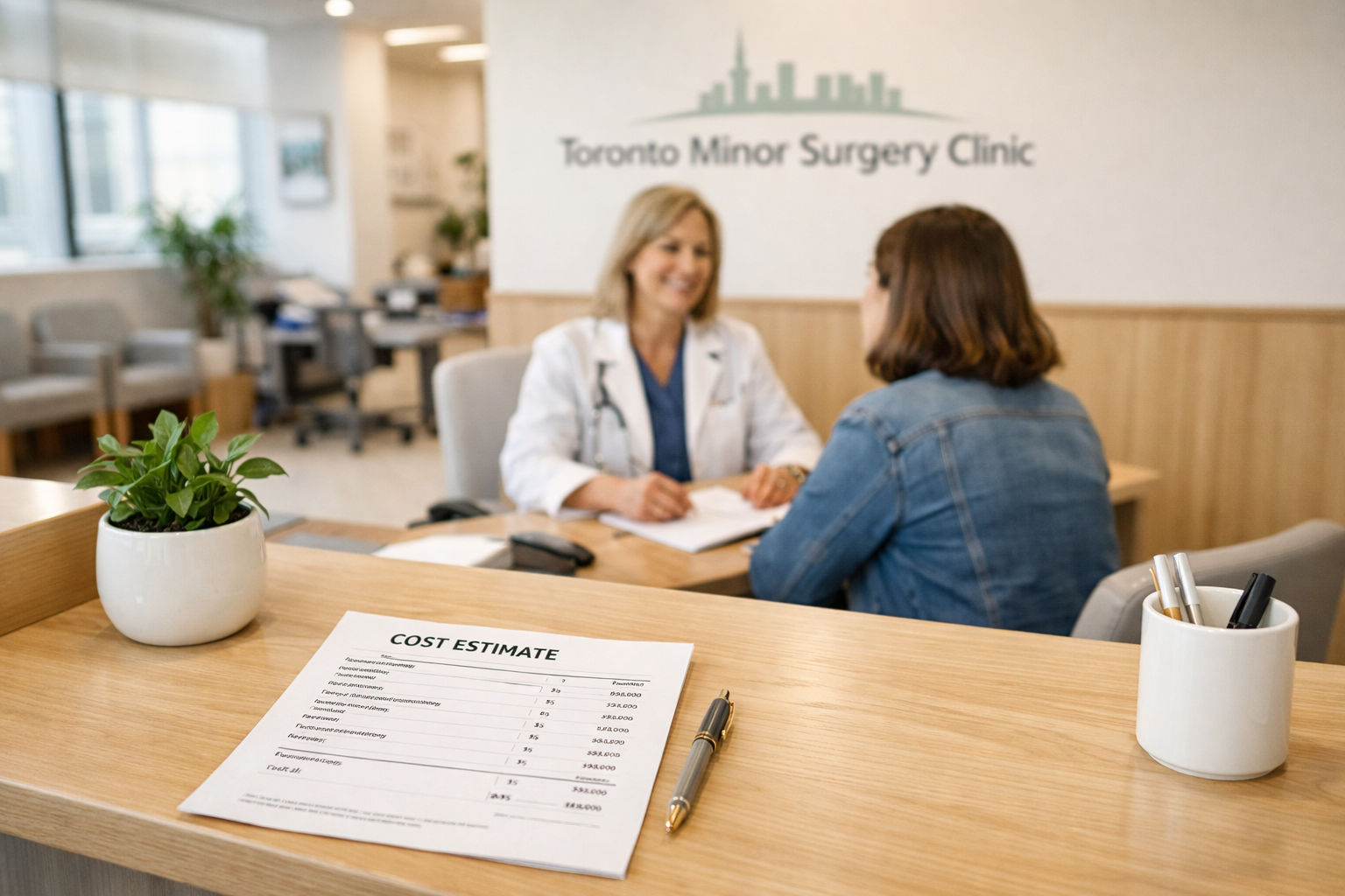() showing a welcoming outpatient minor surgery clinic reception and consultation area in Toronto — bright, a friendly