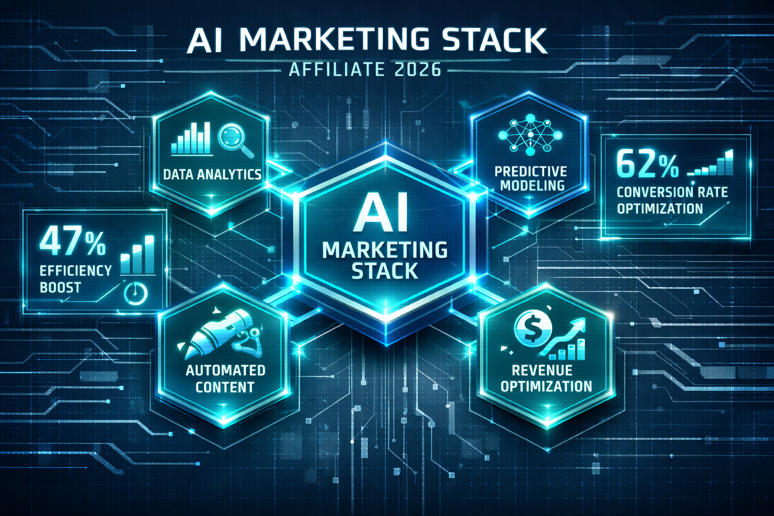 Futuristic isometric infographic visualizing the key takeaways of an AI marketing stack for affiliate marketing in 2026.