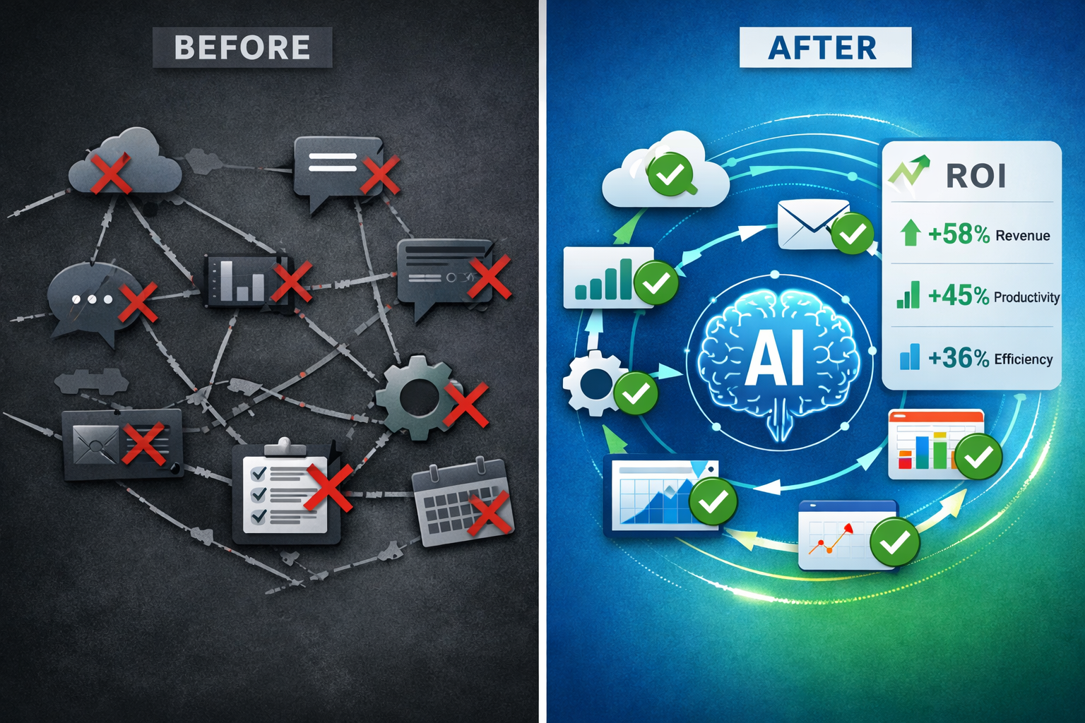 Detailed () split-screen comparison visualization showing 'Before vs After' transformation from disconnected tools to