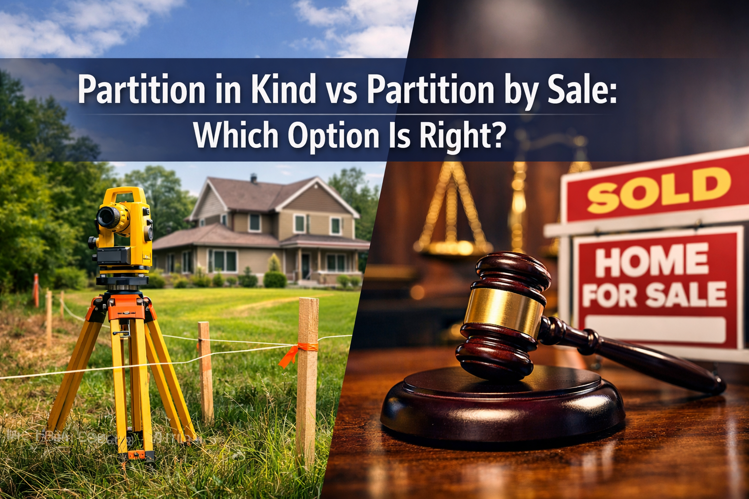 Professional landscape hero image (1536x1024) featuring bold text overlay 'Partition in Kind vs Partition by Sale: Which Option Is Right?' i