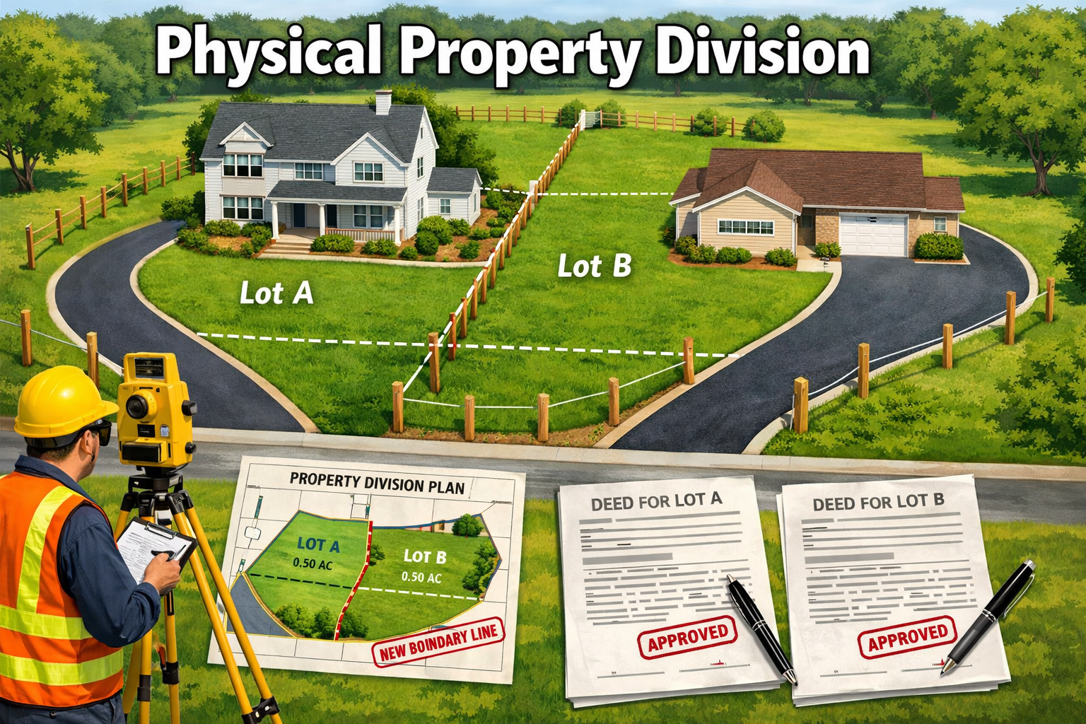 Detailed editorial illustration (1536x1024) showing partition in kind concept with residential property being physically divided into separa