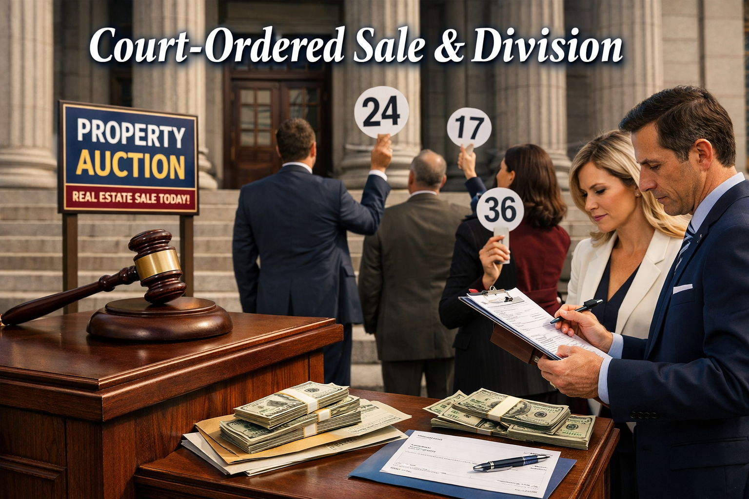 Professional landscape photograph (1536x1024) depicting partition by sale scenario with courthouse steps, auctioneer's gavel on wooden podiu