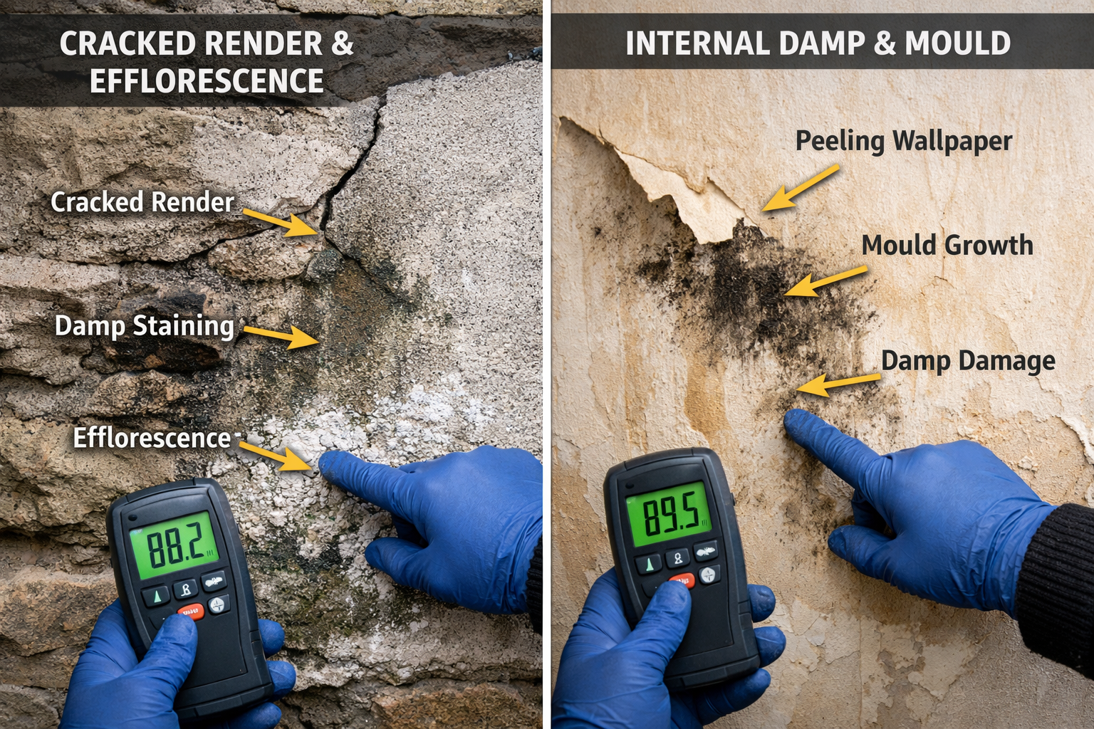 Detailed () image showing close-up split-screen comparison of common Welsh housing defects: left side displays cracked