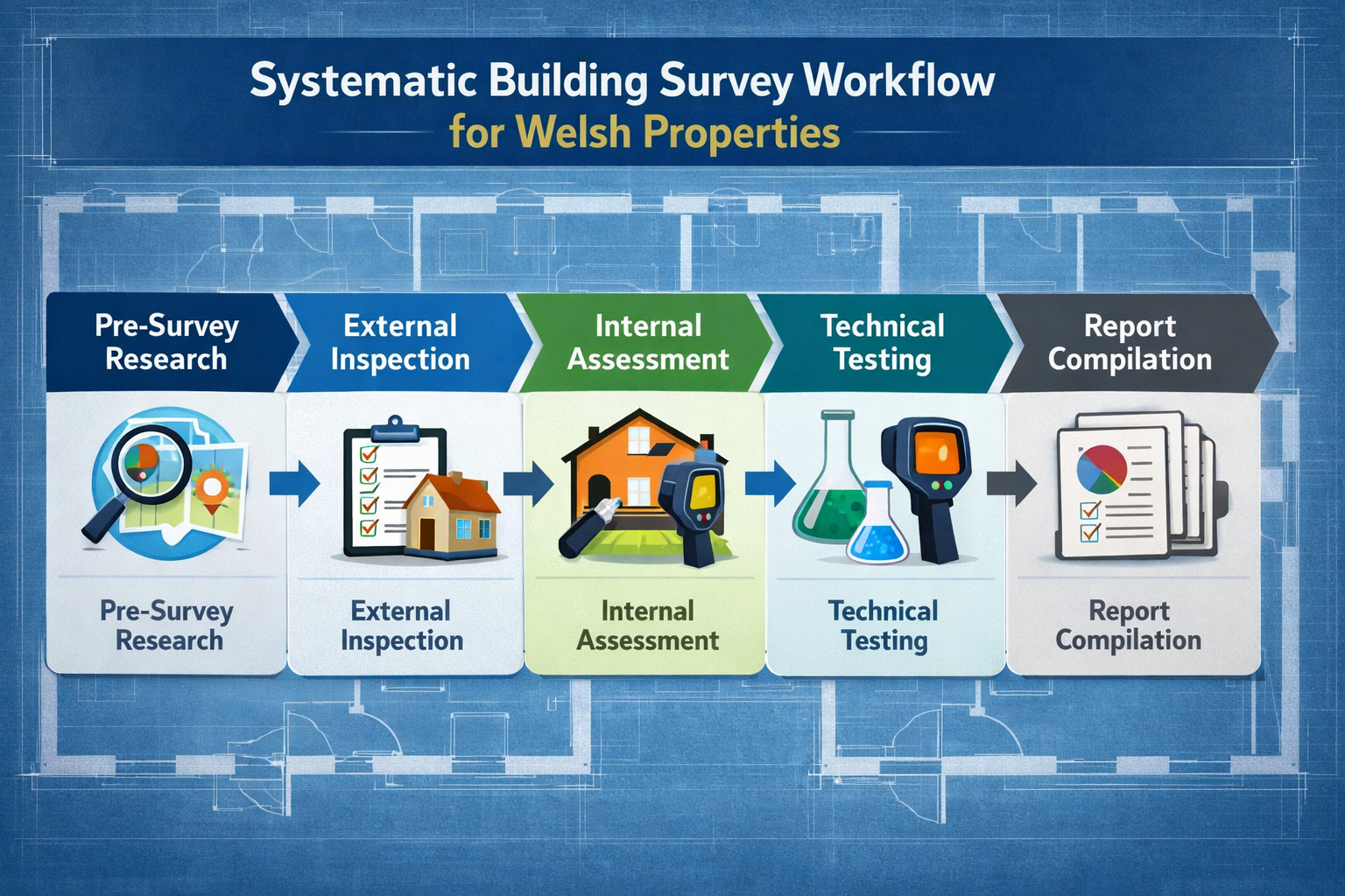 () infographic-style image displaying systematic building survey workflow for Welsh properties. Central flowchart with five