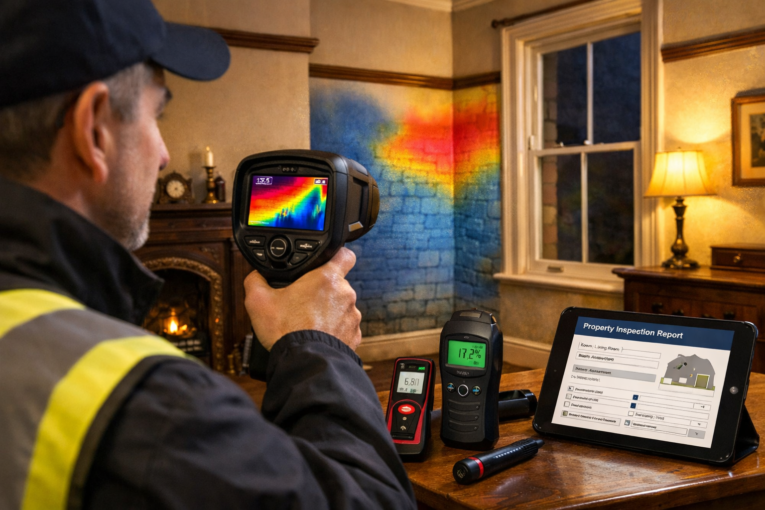Detailed () image showing surveyor conducting thermal imaging inspection inside Welsh period property. Foreground features