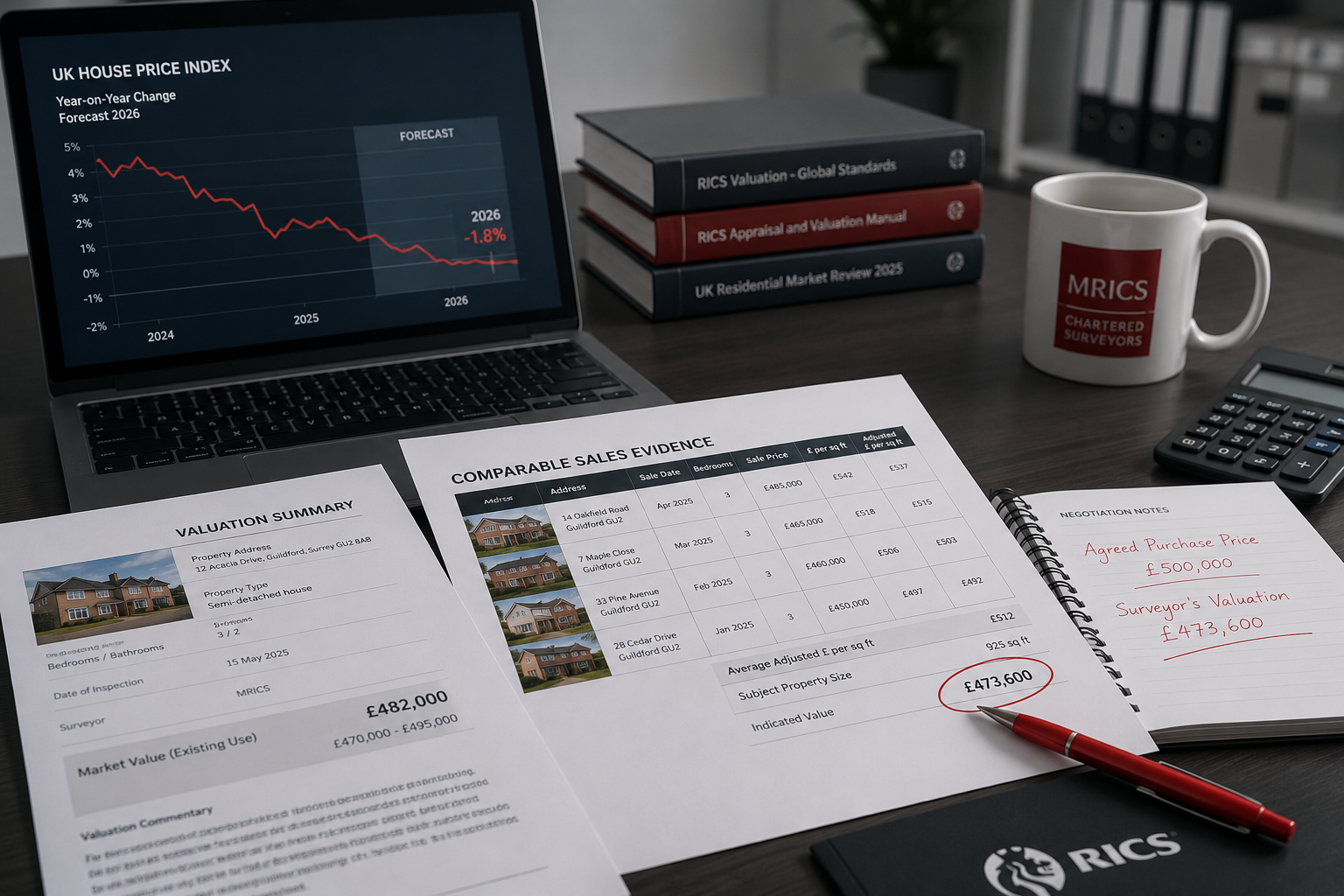 Wide-angle editorial photograph of a professional chartered surveyor at a desk reviewing property valuation documents and