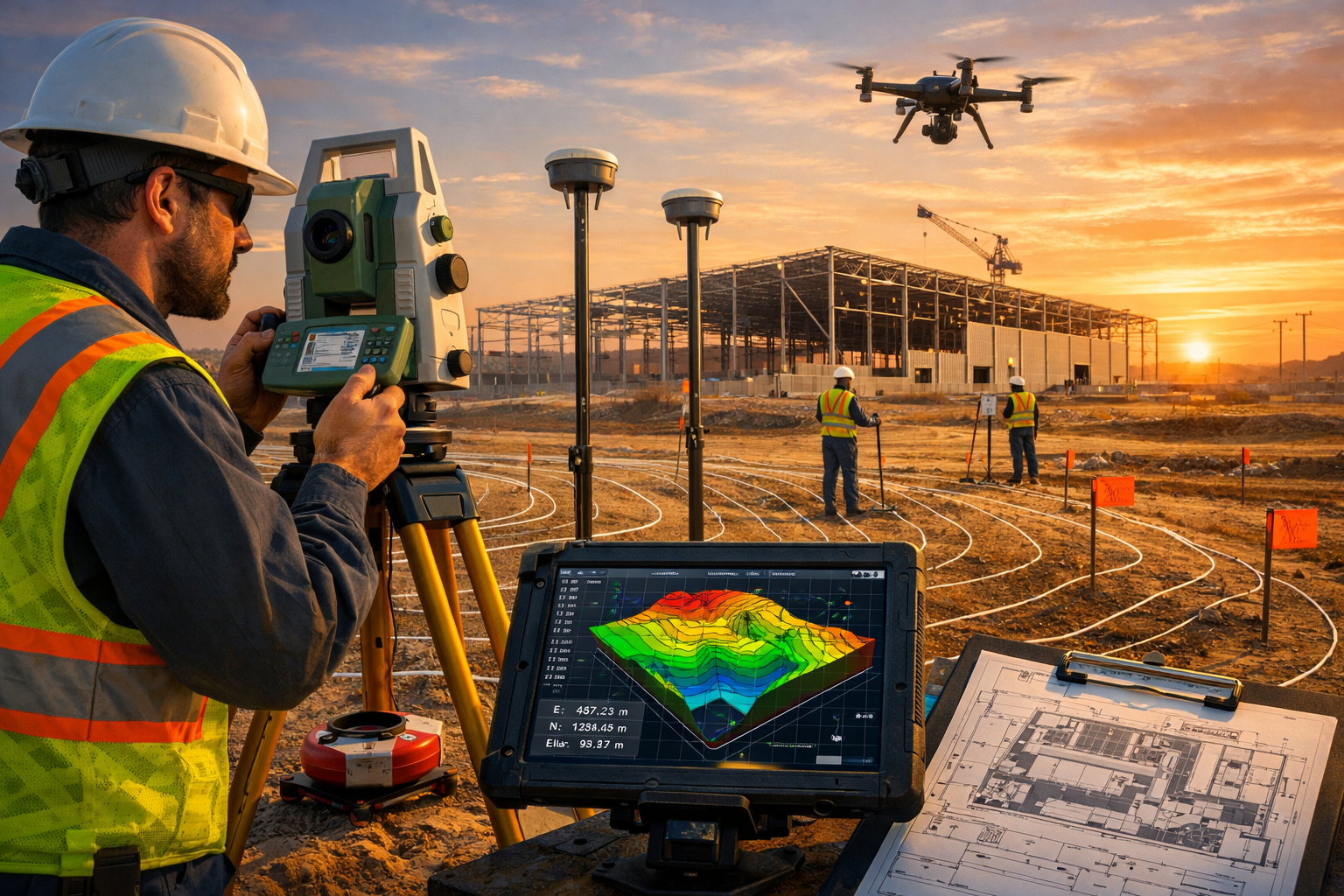 Landscape format (1536x1024) detailed illustration showing surveyor using total station equipment on tripod conducting topographic survey of