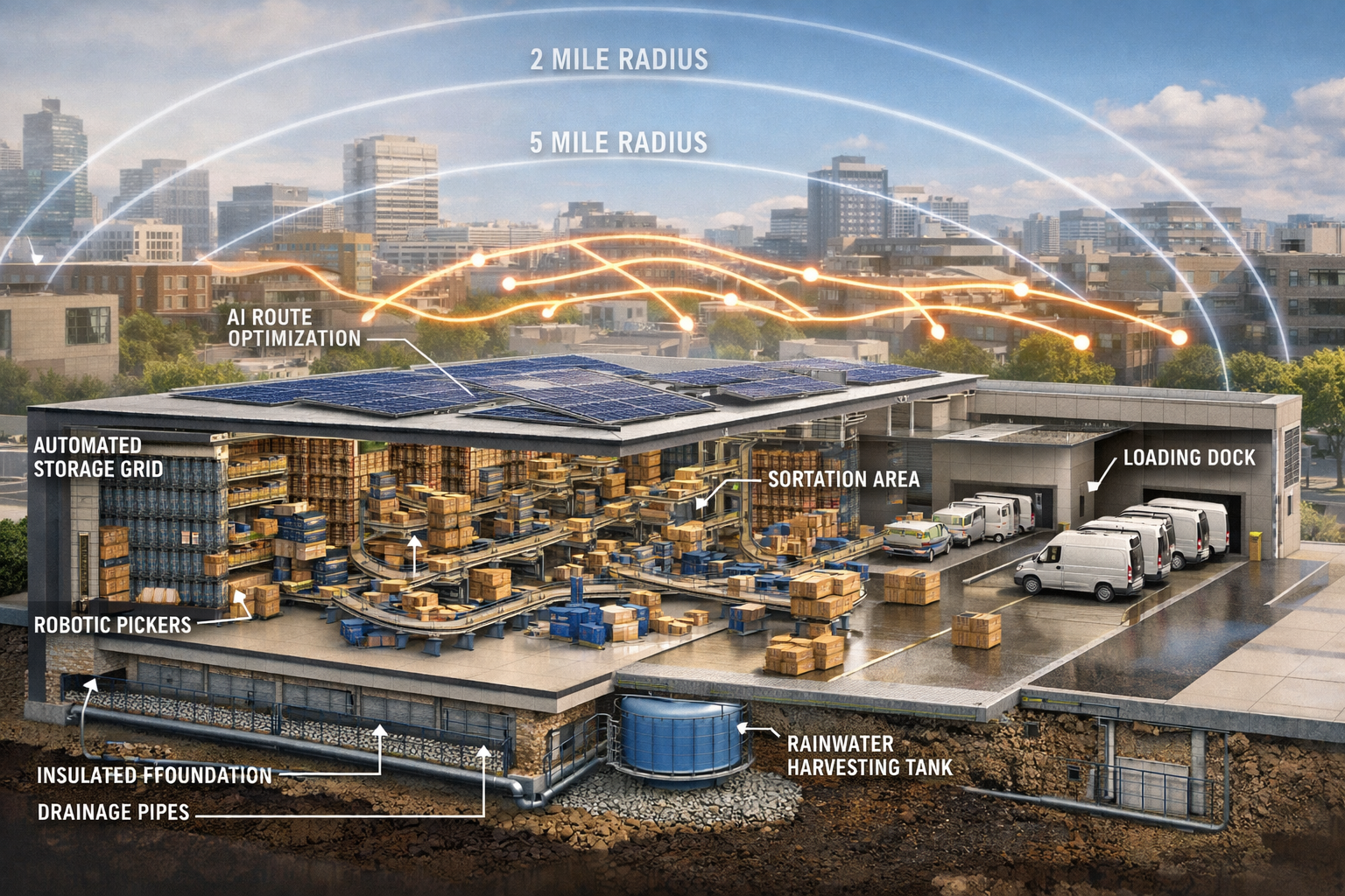 Landscape format (1536x1024) cutaway architectural visualization of modern micro-fulfillment warehouse facility showing internal layout with