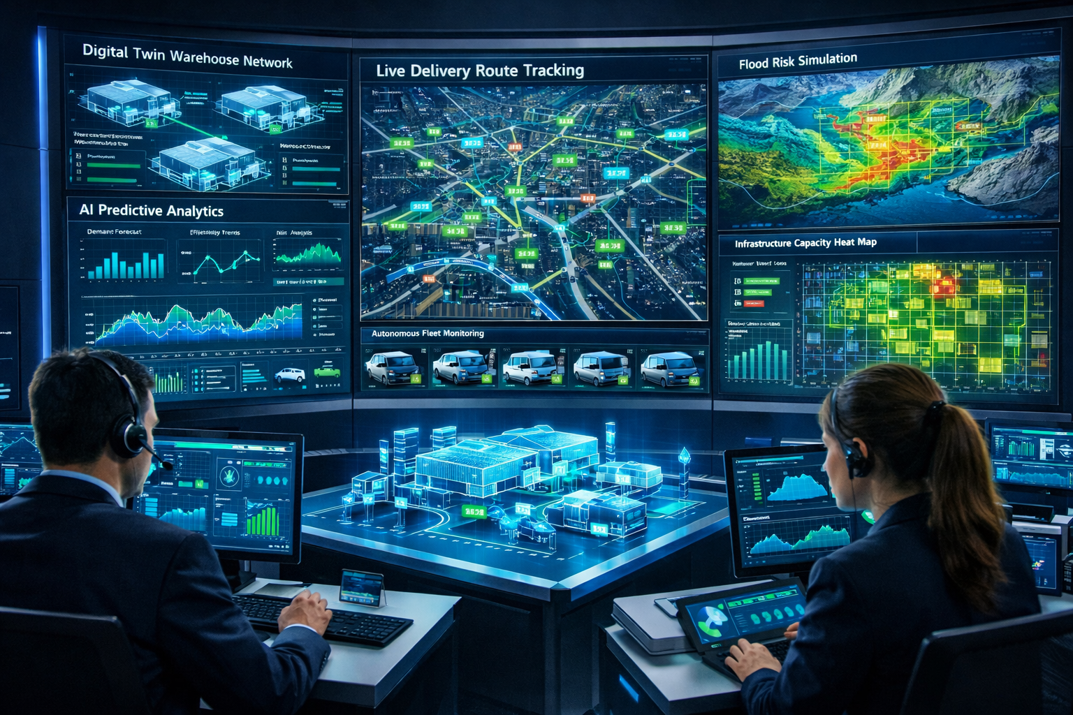 Landscape format (1536x1024) futuristic logistics command center dashboard display showing multiple screens with digital twin simulation of 