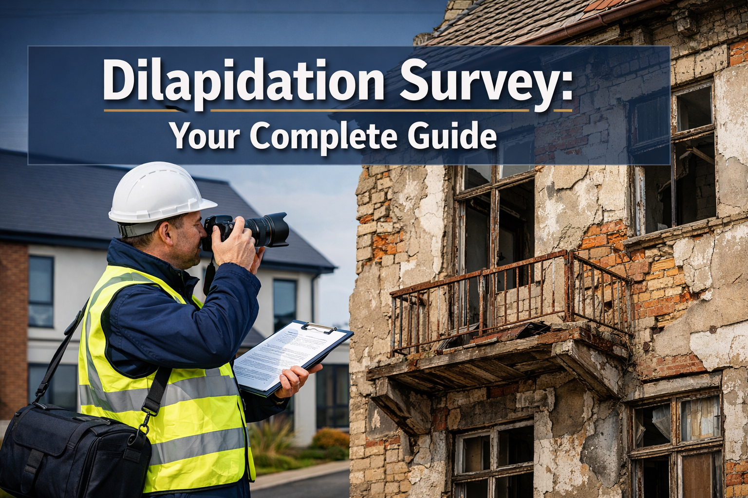 Professional landscape format (1536x1024) hero image featuring bold text overlay 'Dilapidation Survey: Your Complete Guide' in extra large 7