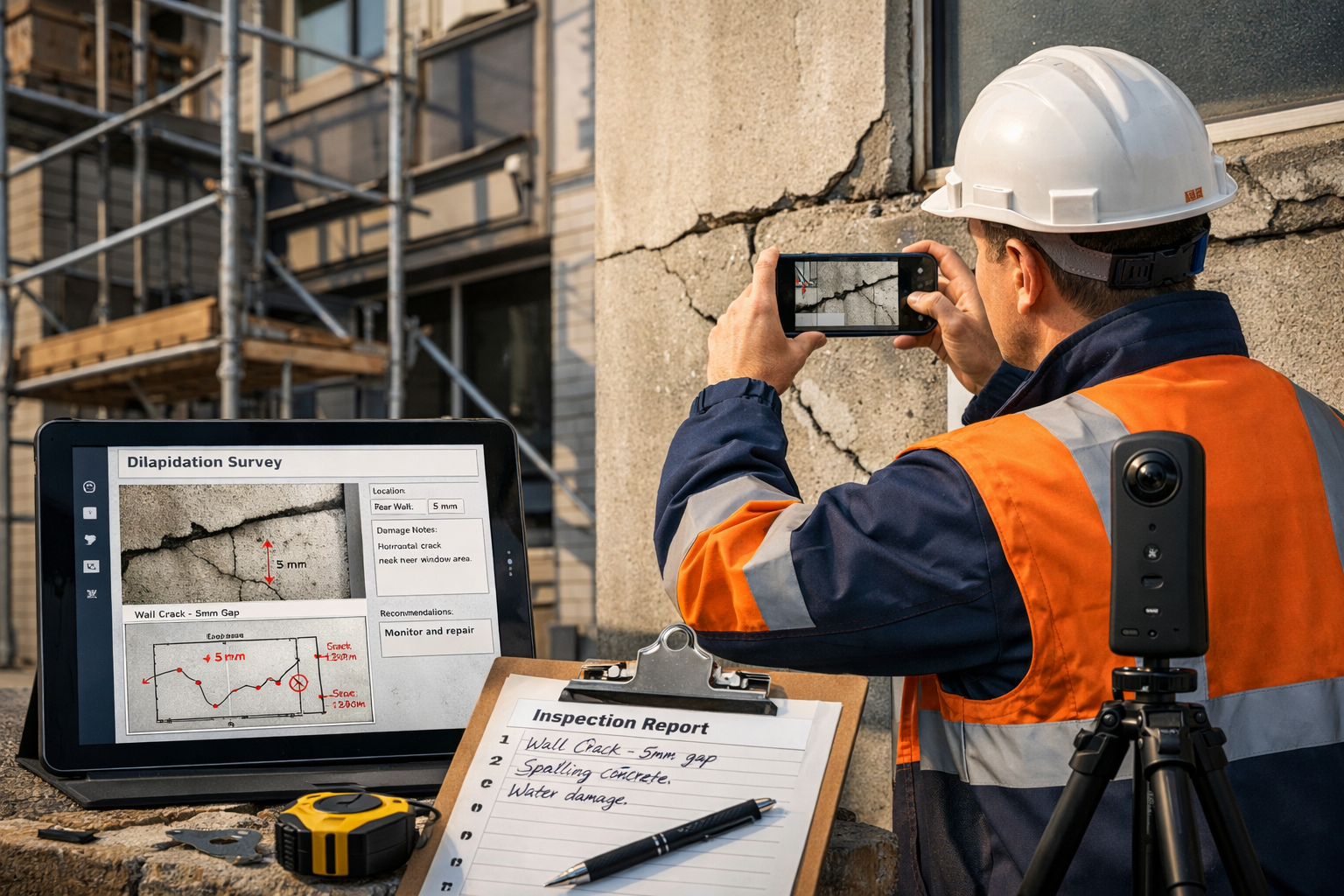 Detailed landscape format (1536x1024) image showing professional surveyor conducting detailed property inspection with modern digital tools.