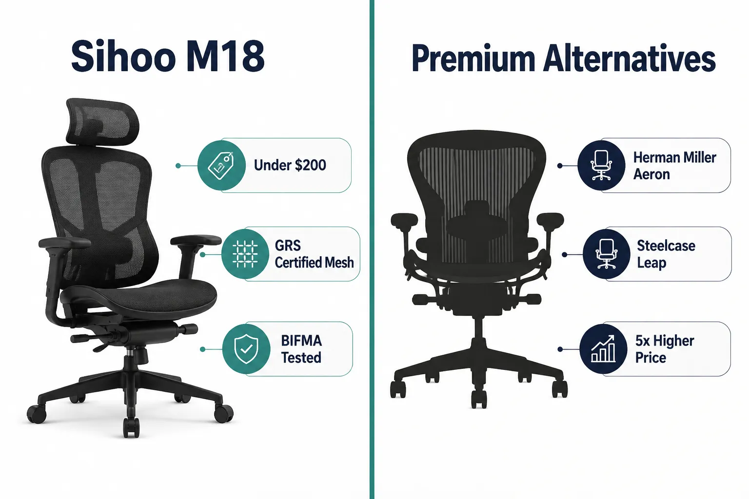 Split-screen landscape format (1536x1024) comparison guide: left panel labeled 'Sihoo M18' shows black mesh ergonomic chair with 3 bullet callout labels — 'Under $200', 'GRS Certified Mesh', 'BIFMA Tested'; right panel labeled 'Premium Alternatives' shows a high-end office chair silhouette with labels 'Herman Miller Aeron', 'Steelcase Leap', '5x Higher Price'. Dividing line in teal, bold navy panel headings, clean white background, flat editorial illustration style, no dollar amounts rendered as primary text, all labels 1-5 words, inside safe margins. High-Stability Gas Lift and Heavy-Duty Steel Base