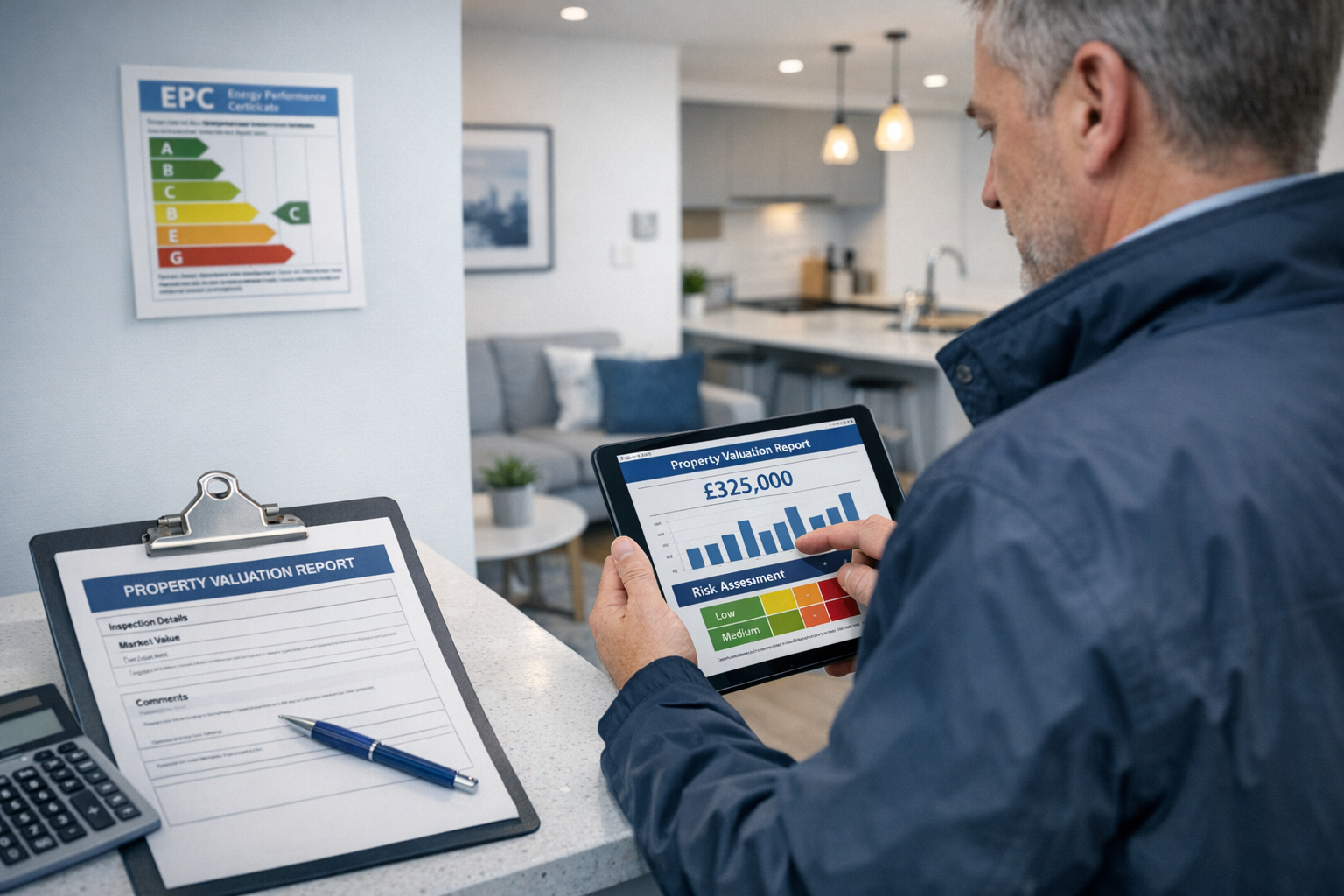 Detailed () image showing a professional surveyor conducting a RICS property assessment inside a modern buy-to-let property,