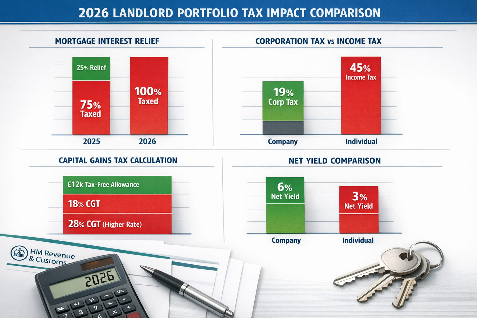 () infographic-style image displaying a comprehensive tax impact comparison chart for 2026 landlord portfolios. Visual