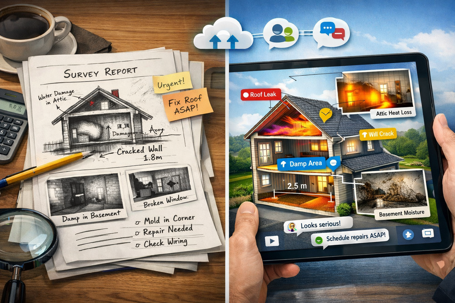 Landscape format (1536x1024) detailed illustration showing split-screen comparison of traditional paper survey report with handwritten notes