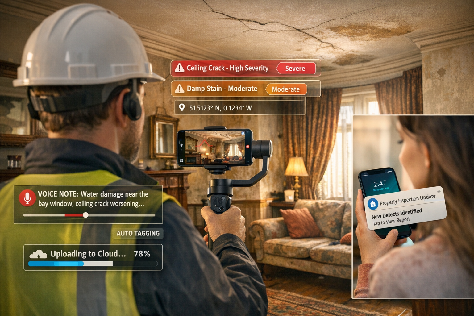 Landscape format (1536x1024) professional photograph of surveyor conducting property inspection using smartphone mounted on gimbal stabilize