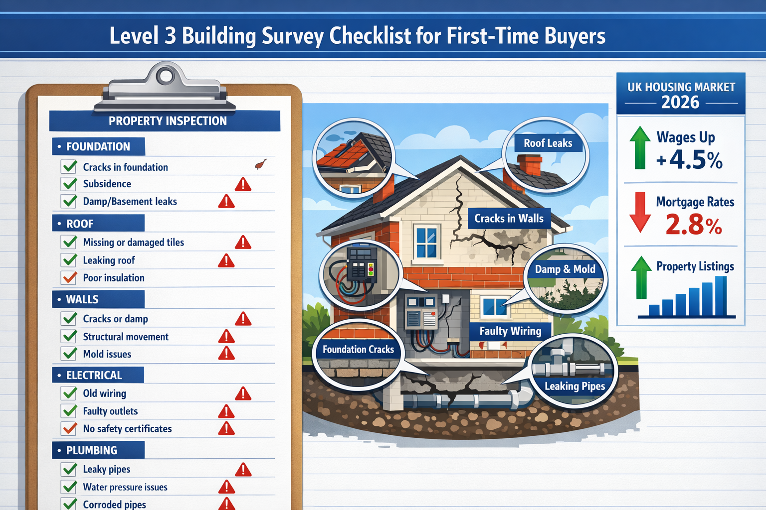 () detailed infographic showing Level 3 building survey checklist specifically designed for first-time buyers. Visual