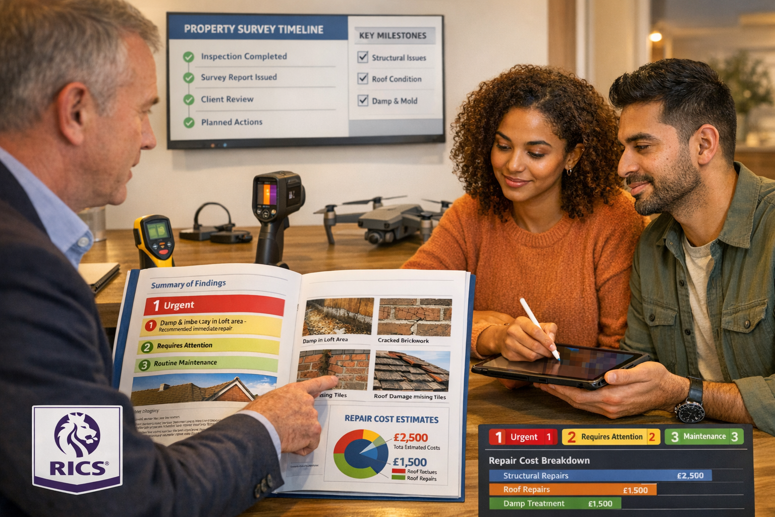 () modern scene showing diverse first-time buyers reviewing comprehensive building survey report with chartered surveyor in