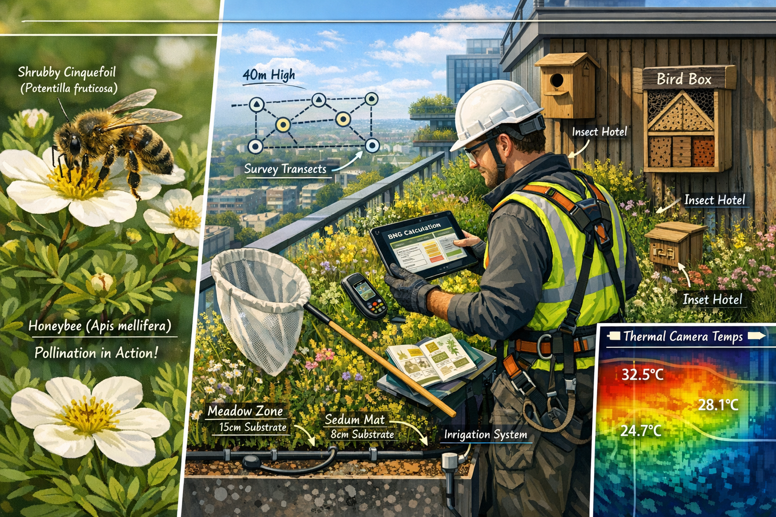 () detailed illustration showing ecology surveyor conducting field assessment on vegetated high-rise balcony at 40 meters