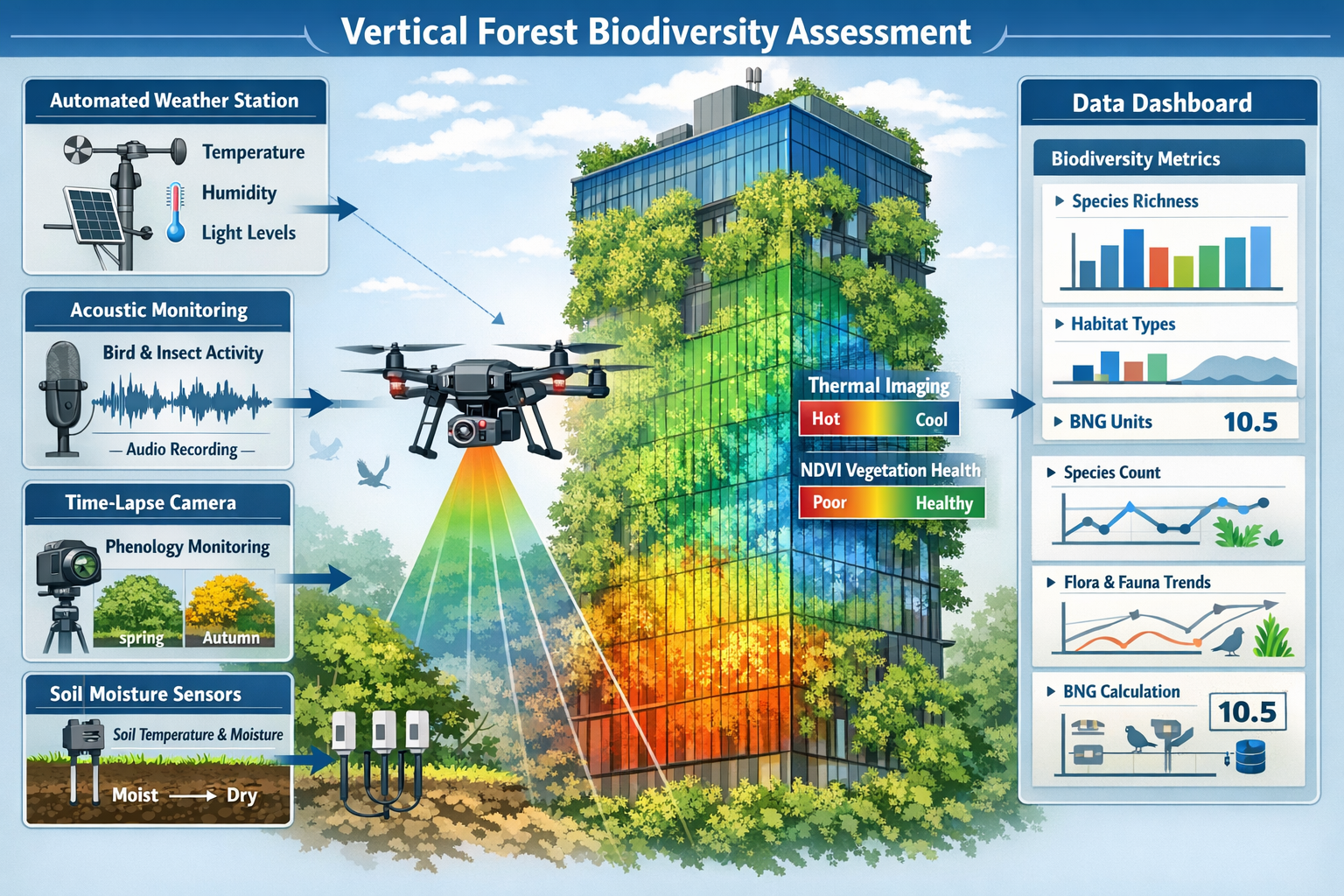 () technical infographic showing remote sensing and monitoring technology for vertical forest biodiversity assessment.
