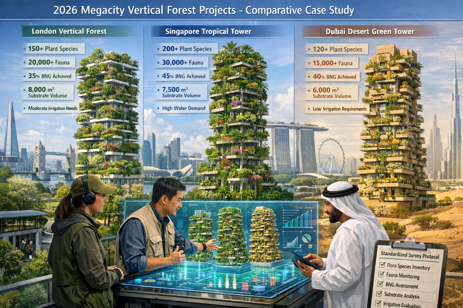 () comparative case study visualization showing three distinct 2026 megacity vertical forest projects side-by-side: London