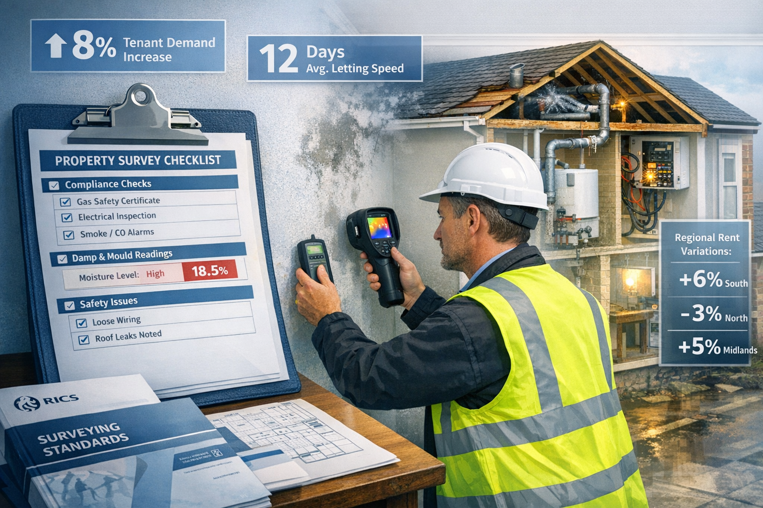 Detailed landscape format (1536x1024) image showing professional chartered surveyor in high-visibility vest conducting comprehensive buildin