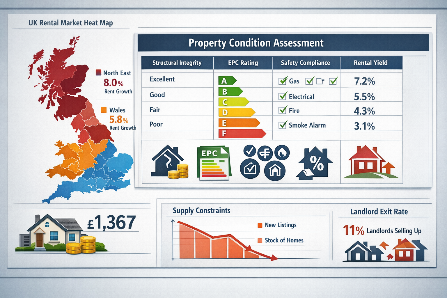 Detailed landscape format (1536x1024) infographic-style image displaying UK rental market heat map with color-coded regions showing rent gro