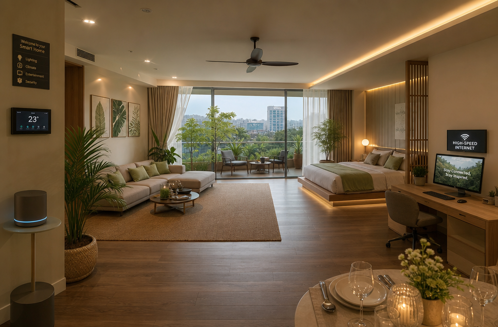 An inviting landscape image () of a spacious, fully automated eco-friendly Airbnb interior near Golf Course Road, perfect