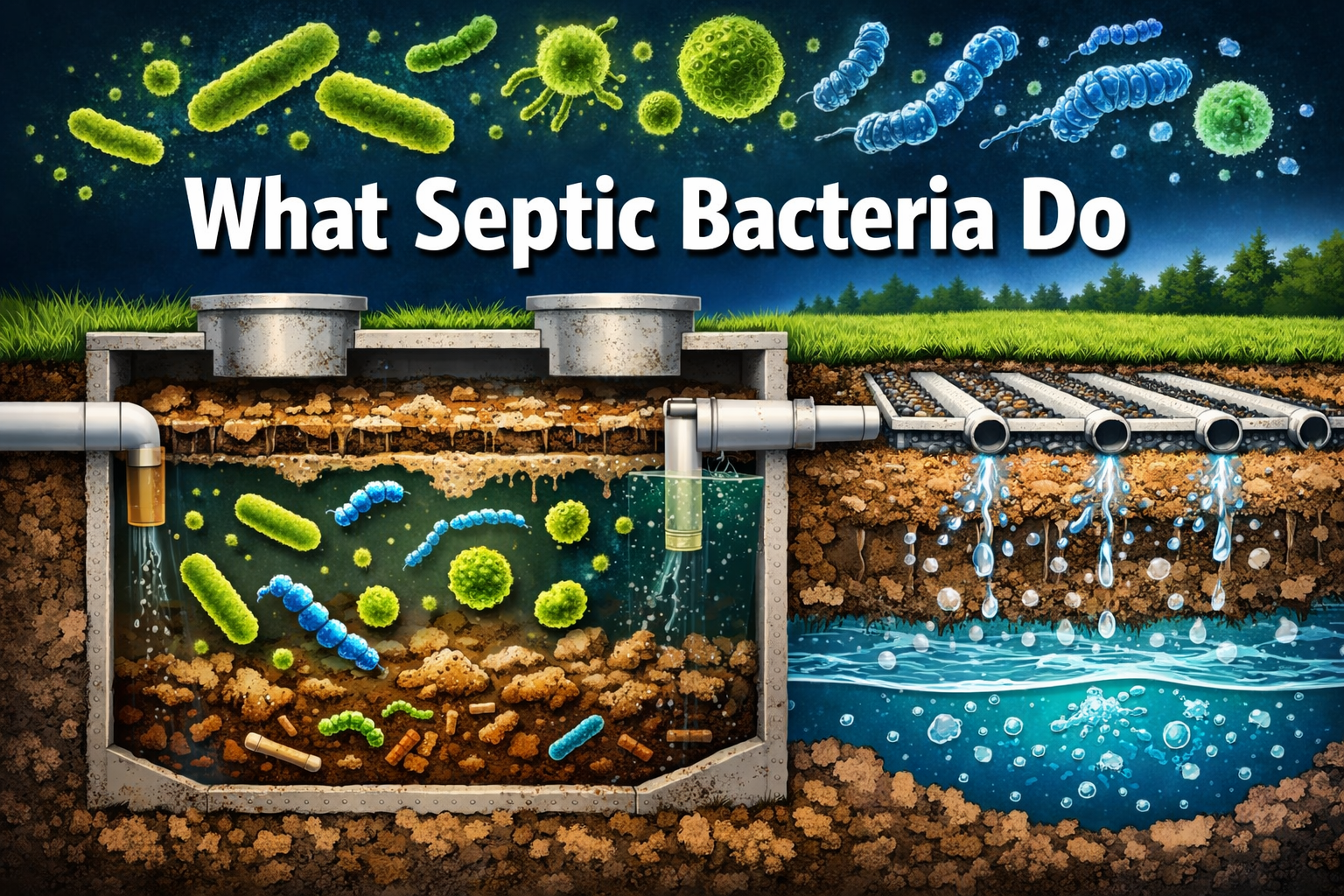 Professional landscape format (1536x1024) hero image with bold text overlay 'What Septic Bacteria Do' in extra large 72pt white sans-serif f