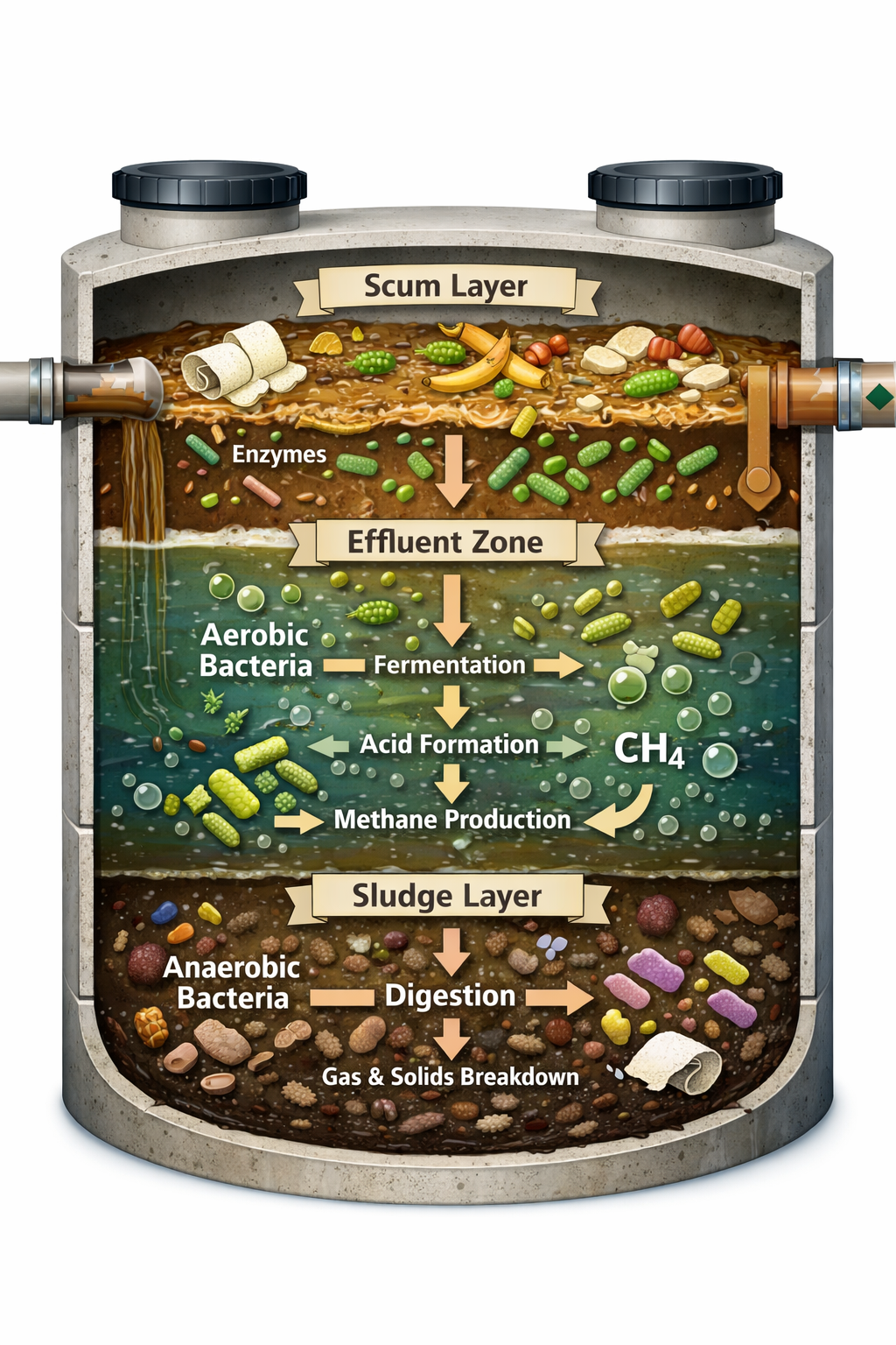 Portrait format (1024x1536) cutaway diagram of septic tank showing bacterial breakdown process in action. Visual layers showing scum layer a