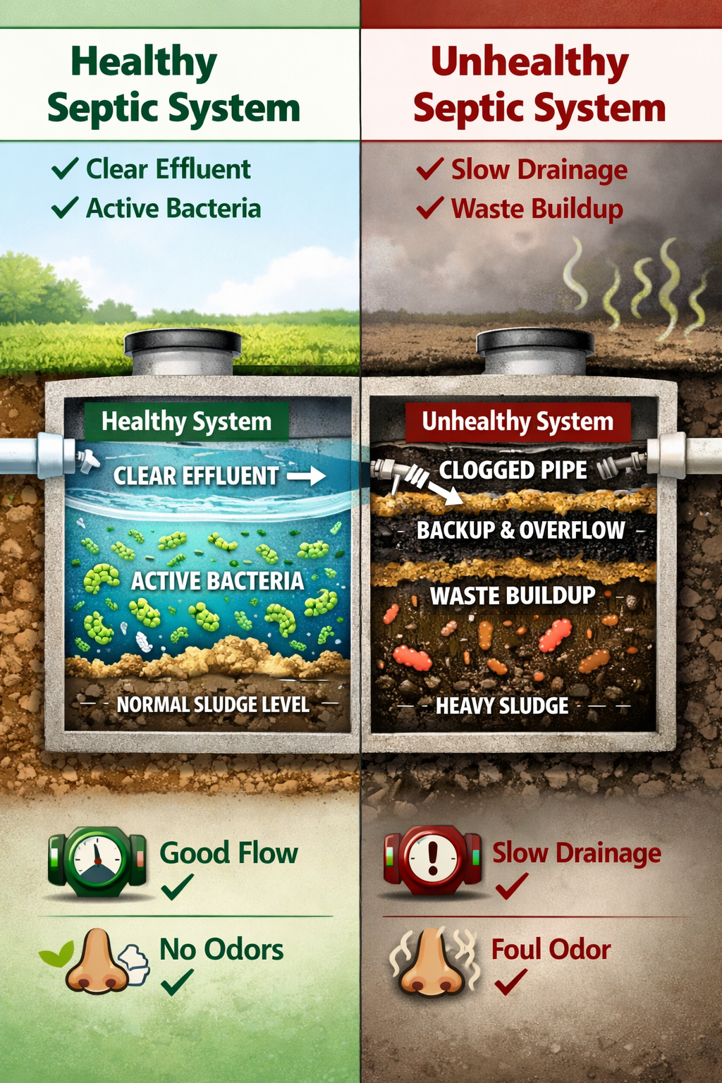 Portrait format (1024x1536) split-screen comparison showing healthy septic system with thriving bacterial colonies versus unhealthy system w