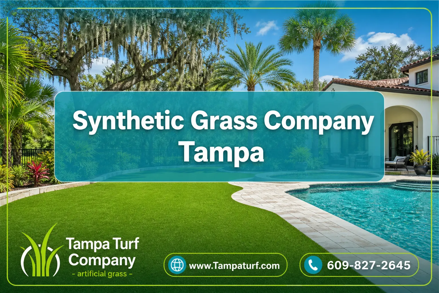 Professional () magazine-cover hero image with SHORT reading 'Synthetic Grass Company Tampa' on two centered lines in crisp