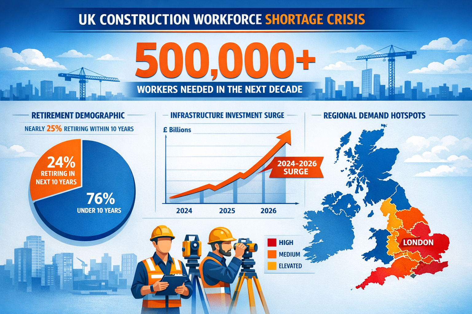 () detailed infographic showing the UK construction workforce shortage crisis with large '500,000+' number prominently