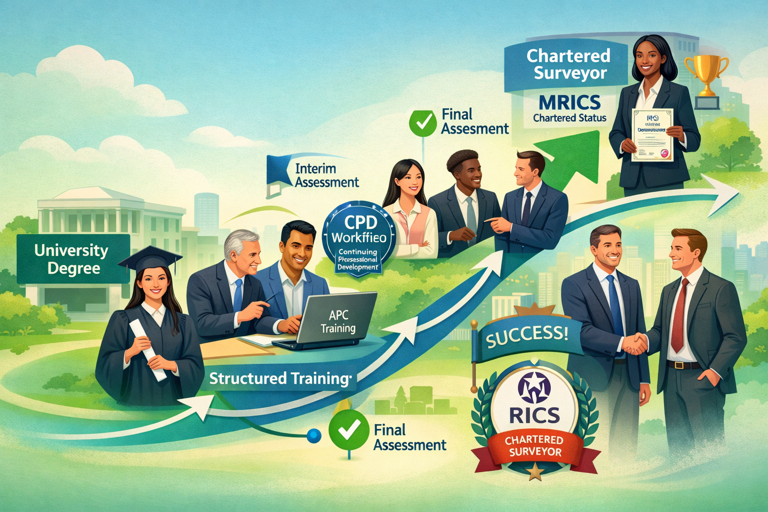 () visual representation of modern RICS graduate pathway and professional development journey, showing step-by-step
