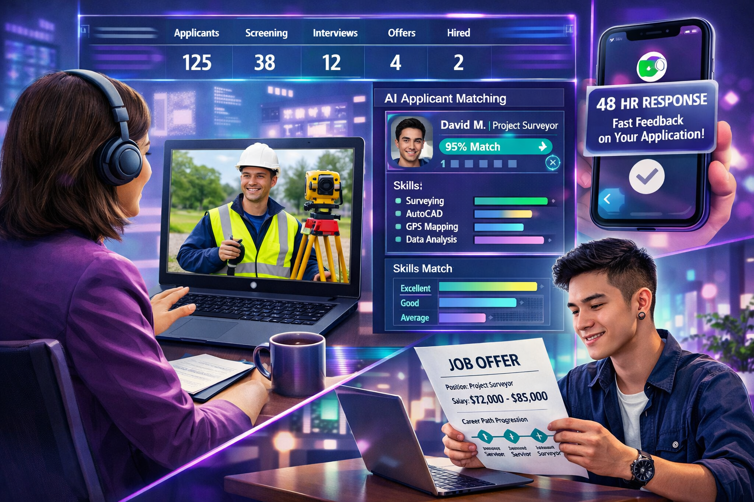 () contemporary recruitment strategy scene showing hiring manager conducting video interview with surveying candidate,