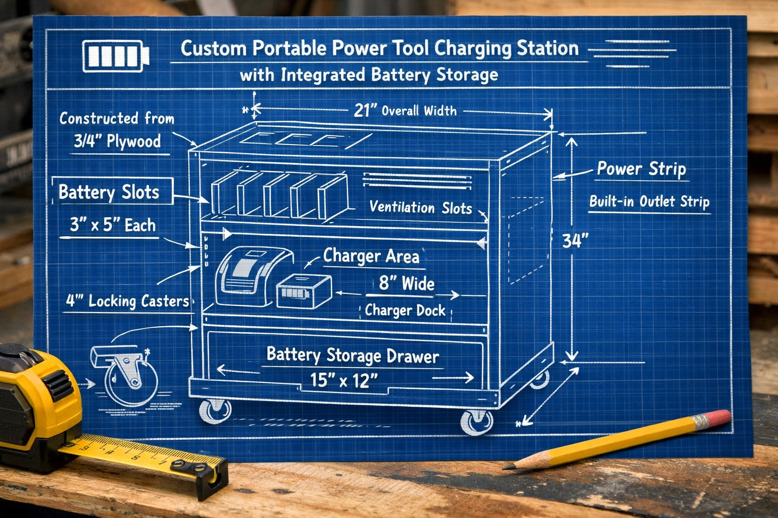 Detailed () image of a workshop blueprint or schematic, focusing on the design phase of a custom portable power tool