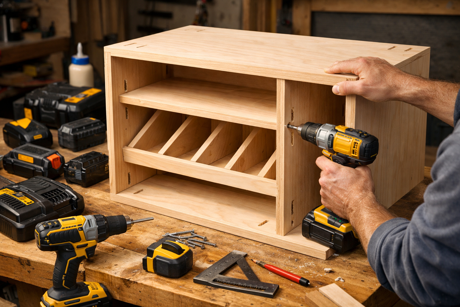 () image depicting the construction process of a custom portable power tool charging station. A pair of hands is shown