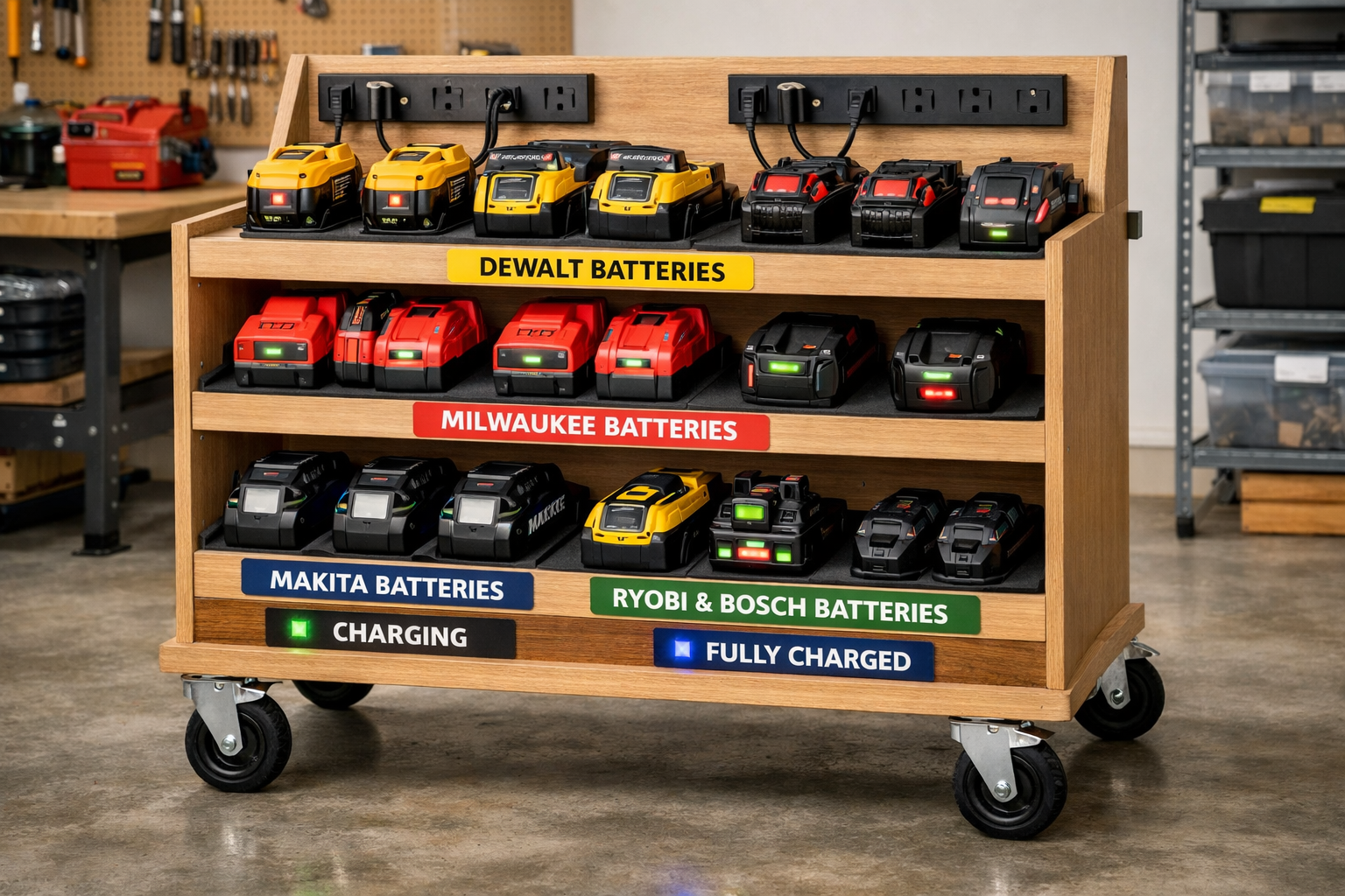 () image showcasing a completed portable power tool charging station, fully loaded with various cordless power tool