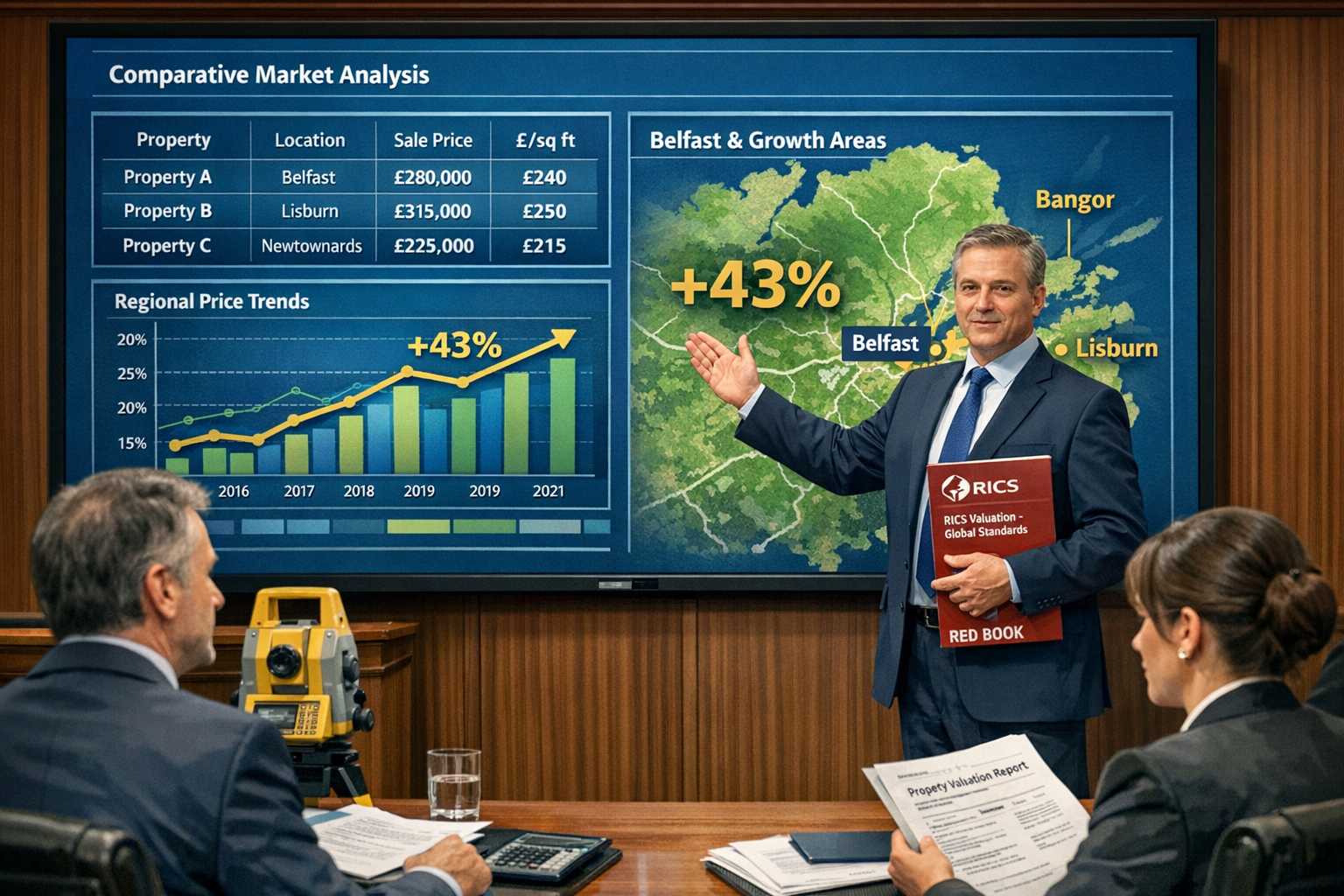 Detailed landscape format (1536x1024) illustration showing expert witness in professional courtroom setting presenting valuation evidence fo