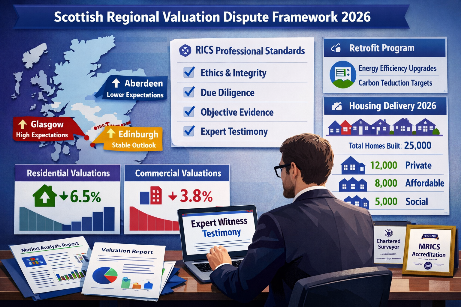 Comprehensive landscape format (1536x1024) infographic-style image depicting Scottish regional valuation dispute framework for 2026. Visual 