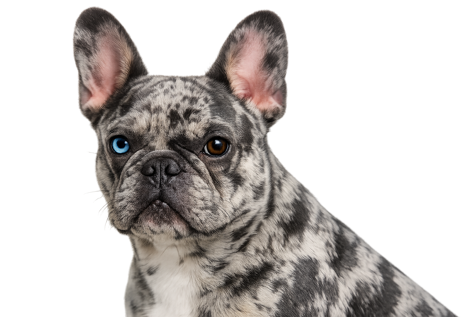 () close-up portrait of a blue merle French Bulldog showing the distinctive dappled coat pattern in silver-blue and dark