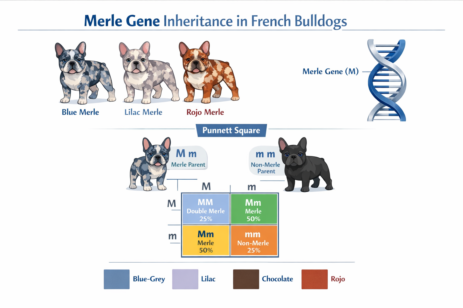 () genetics infographic illustration showing merle gene inheritance diagram for French Bulldogs, with color-coded Punnett