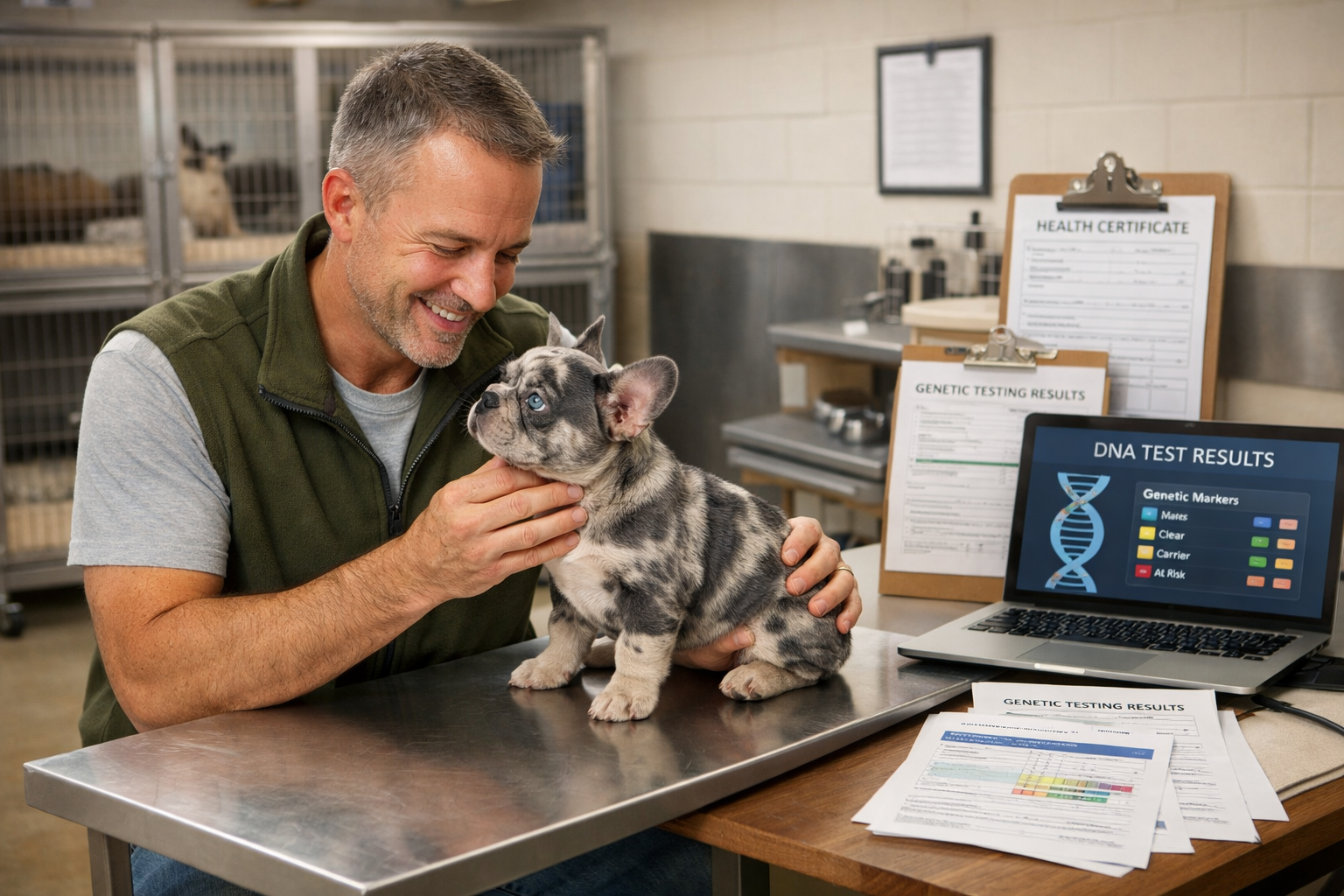 () wide-angle scene of a responsible French Bulldog breeder in a clean, bright kennel facility examining a blue merle French